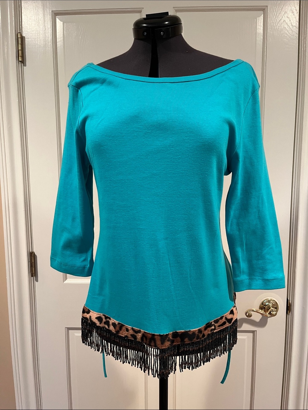 Turquoise Boatneck Top with Leopard Trim and Fringe